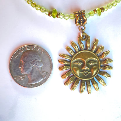 Peridot gemstone beaded necklace with brass Sun pendant necklace