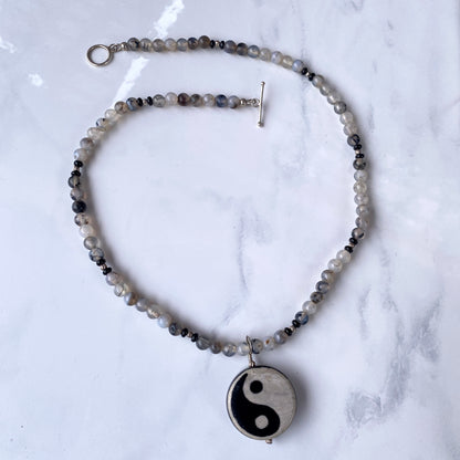 Onyx and Tibetan Agate gemstone Yin Yang Necklace