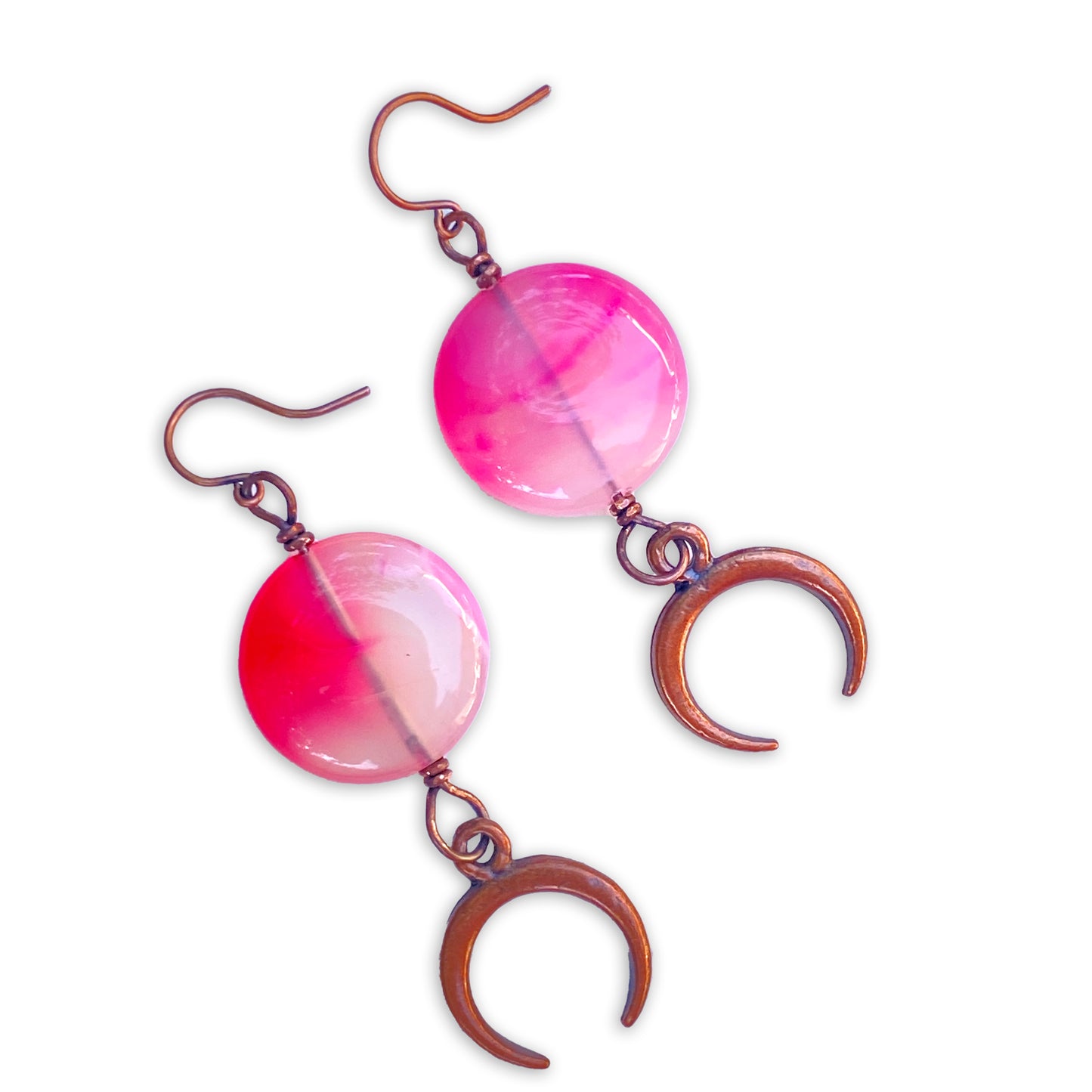 Pink agate gemstone wrapped copper Moon dangle earrings