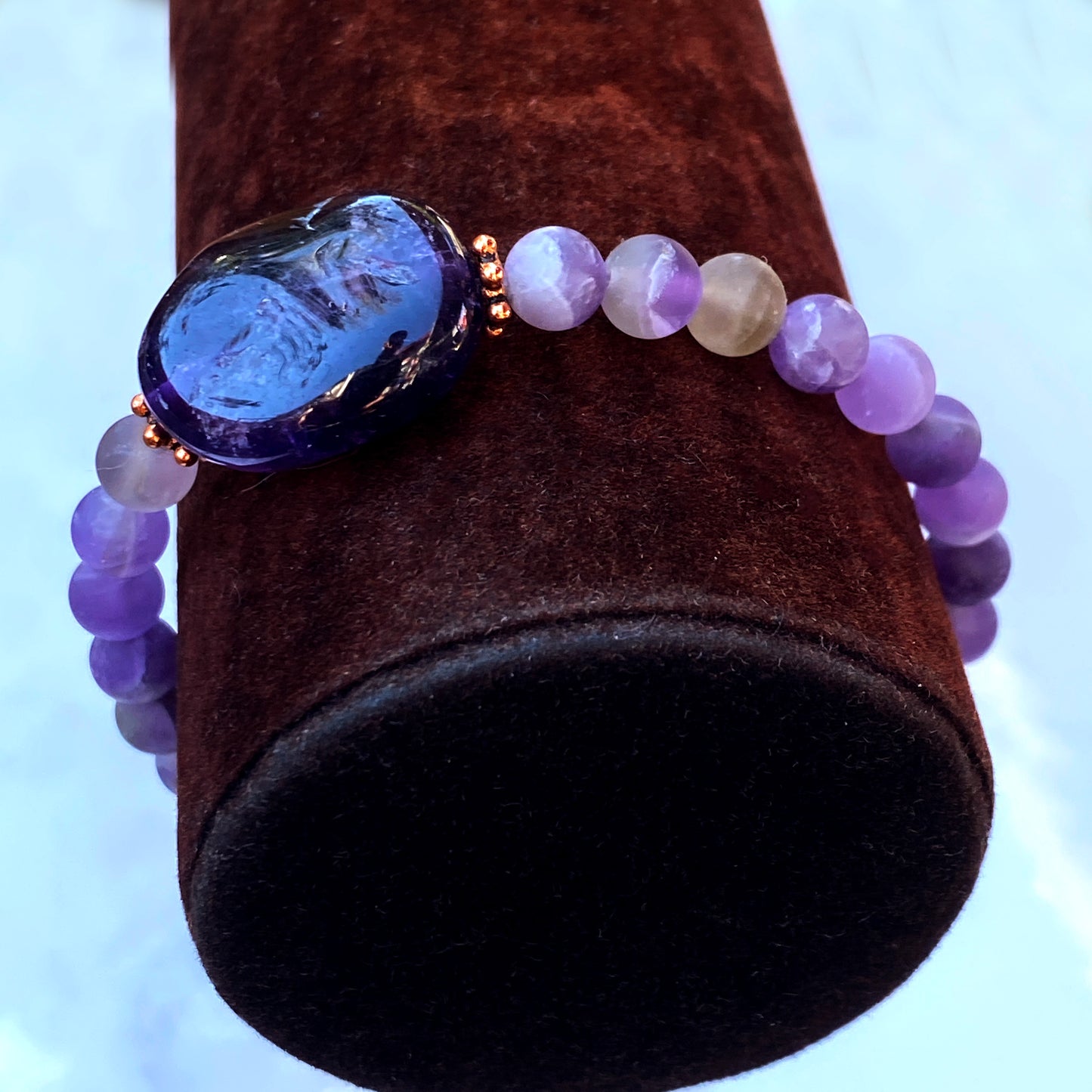 Amethyst gemstone and copper crystal beaded stretch bracelet