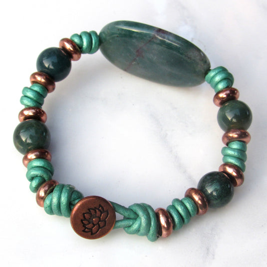 Natural Indian Agate gemstone and Copper Hand Knotted Leather Bracelet