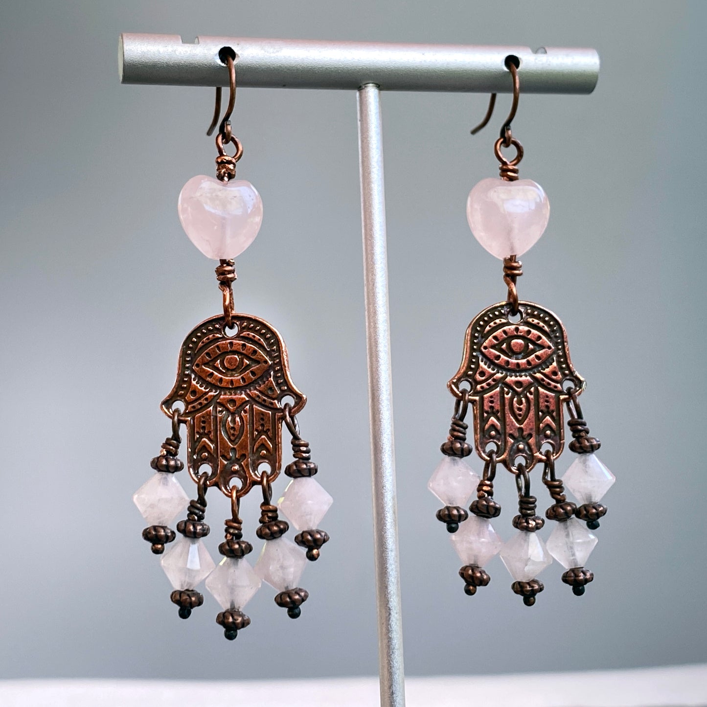 Rose Quartz and copper Hamsa Earrings