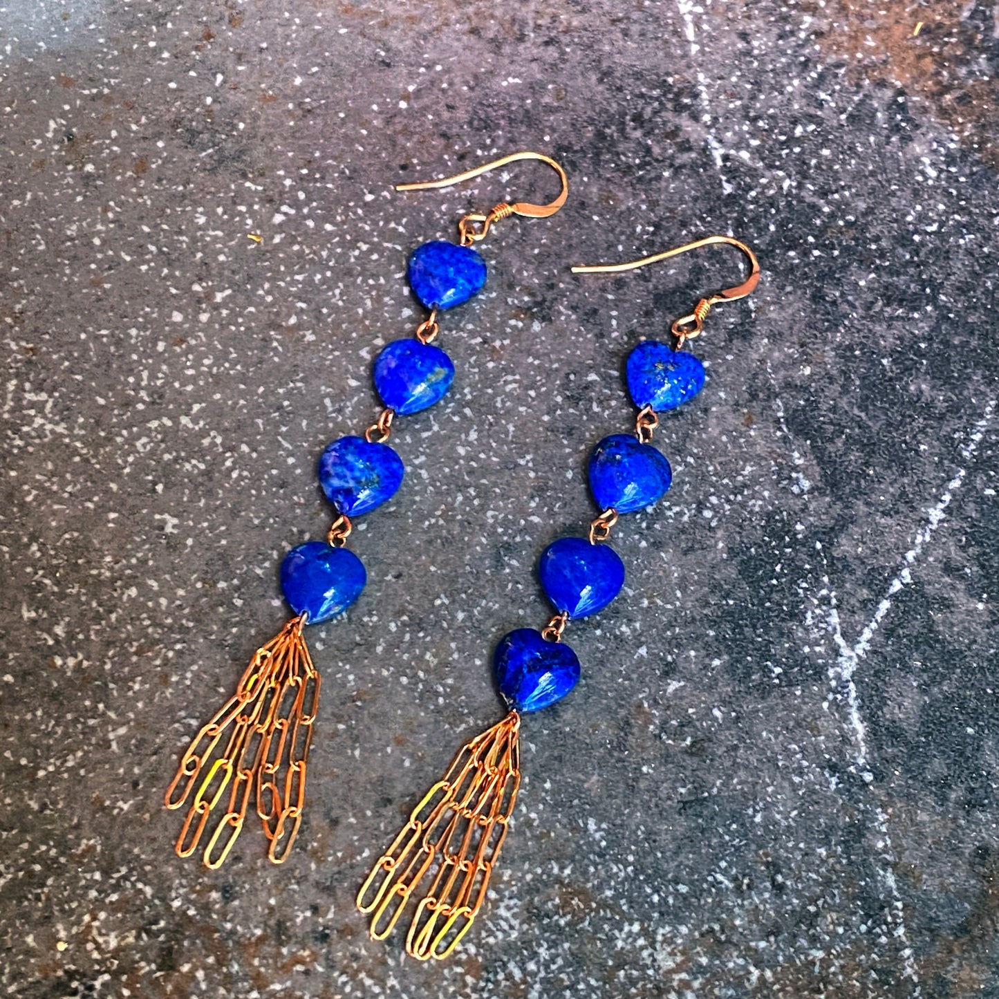 Lapis lazuli gemstone hearts and 14 kt rose GF drop earrings