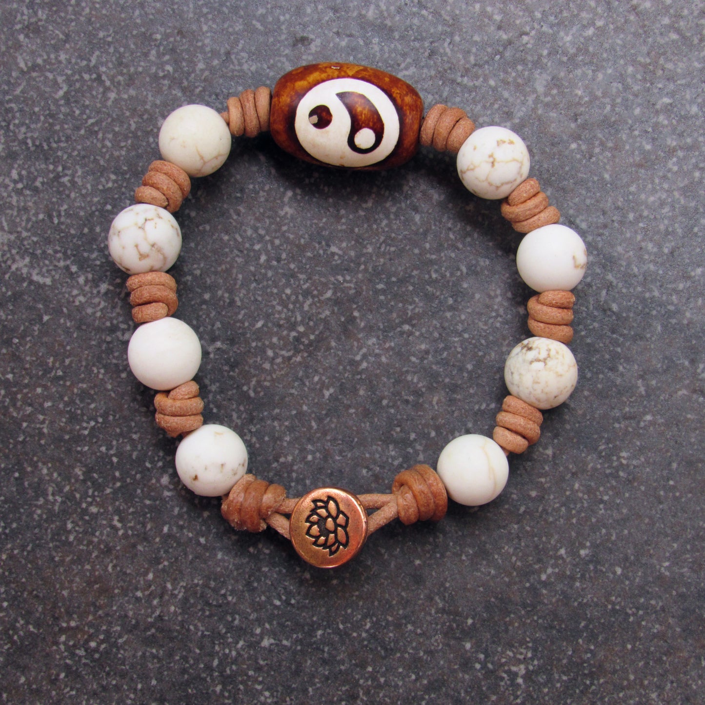 Tibetan Agate Gemstone Yin Yang with White Turquoise on natural Leather