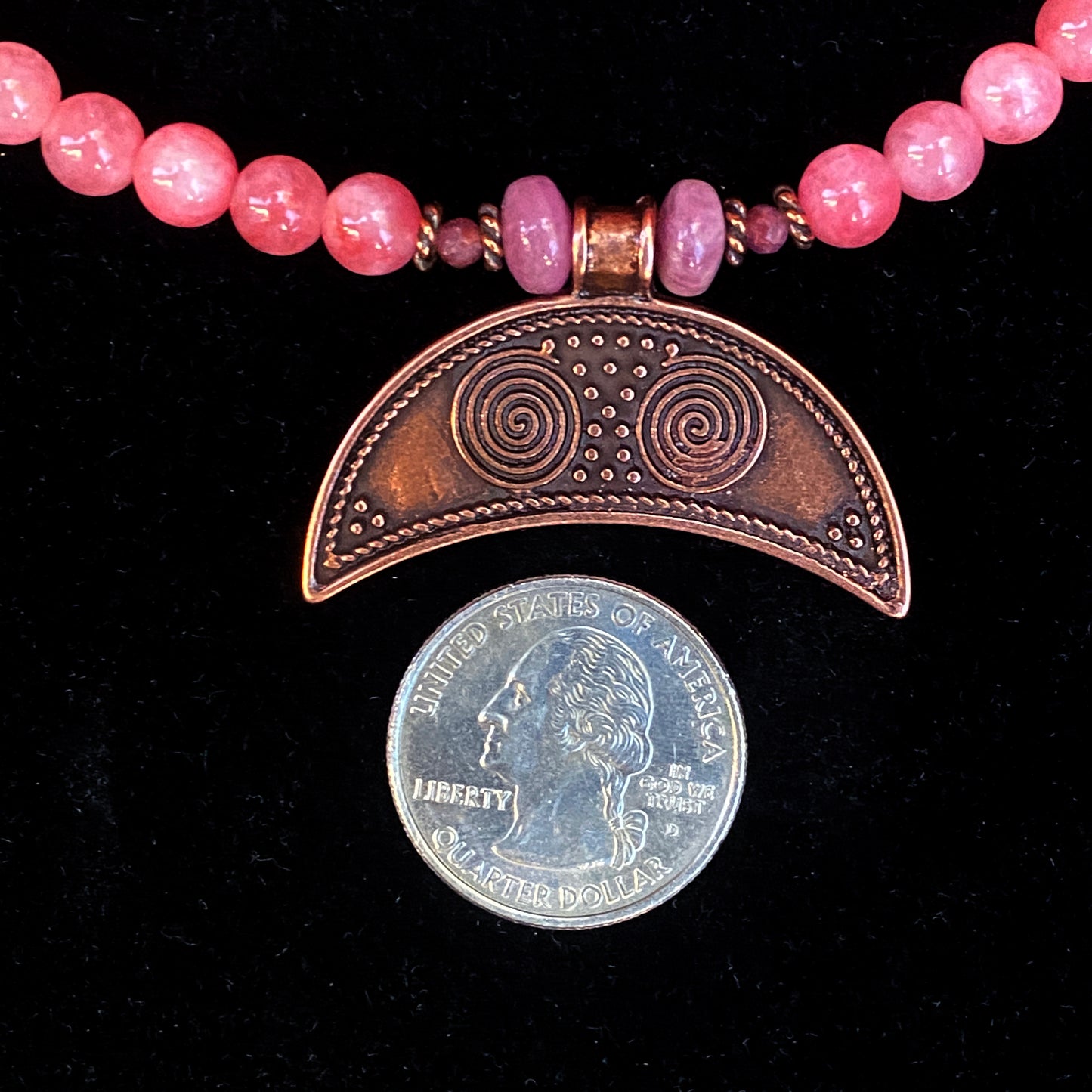 Pink Angelite and Pink Tourmaline gemstone and copper Moon pendant necklace