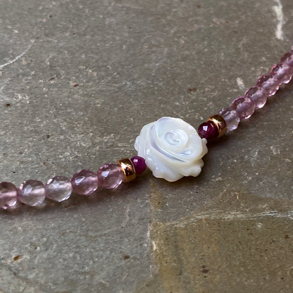 Mother of Pearl Rose Choker Necklace on Pink Amethyst & 14 kt Rose Gf