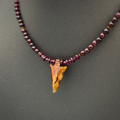 Red Tiger Eye Gemstone Arrow and Garnet Necklace w/ 14 kt Rose Gf components