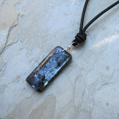 Black Labradorite (Larvikite) gemstone on Leather with Sterling Silver