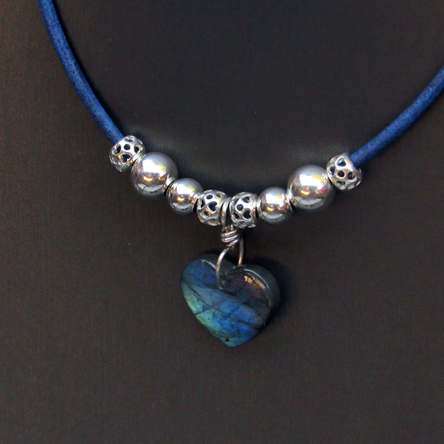 Labradorite gemstone Heart , Sterling Silver, on Leather Necklace
