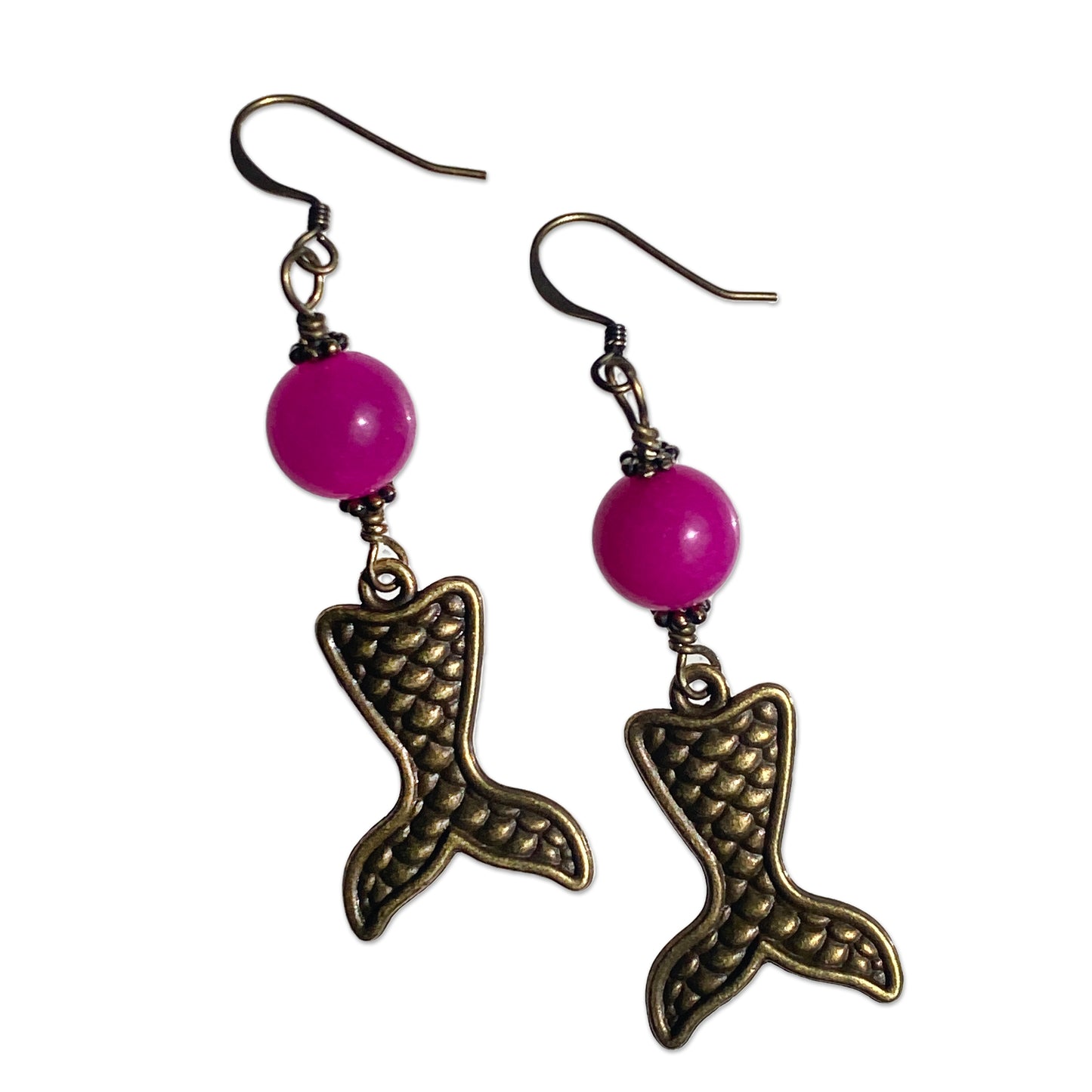 Rhodochrosite gemstone and brass Mermaid Tail Dangle Drop Earrings