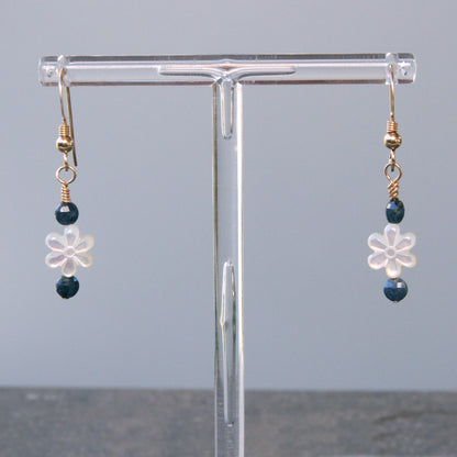 Mother of Pearl and Blue Sapphire with 14 Kt Gold Drop Earrings