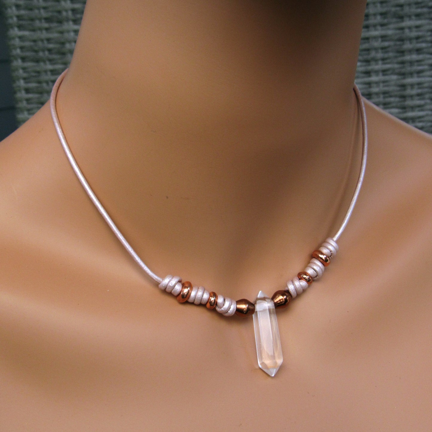 Clear Quartz gemstone and Copper on Metallic Pink Leather Necklace