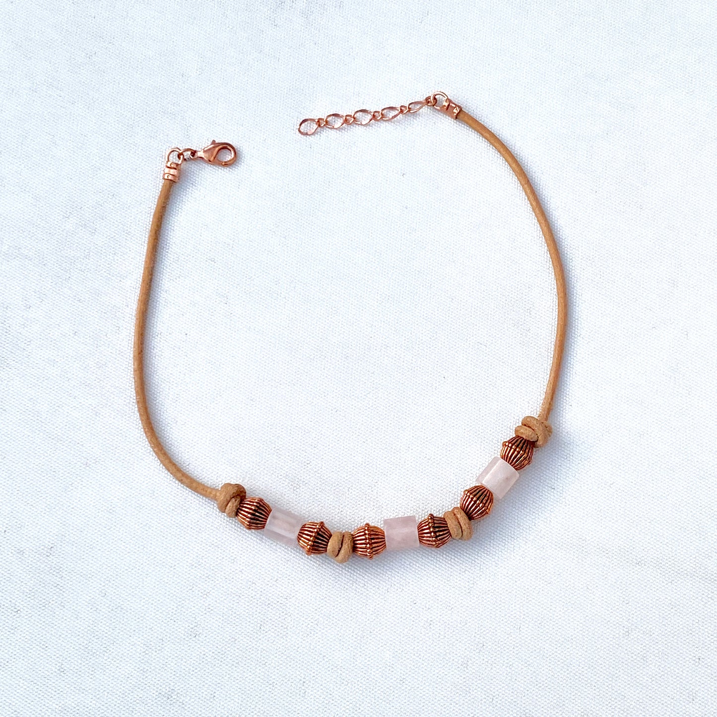 Rose Quartz gemstone and copper leather necklace