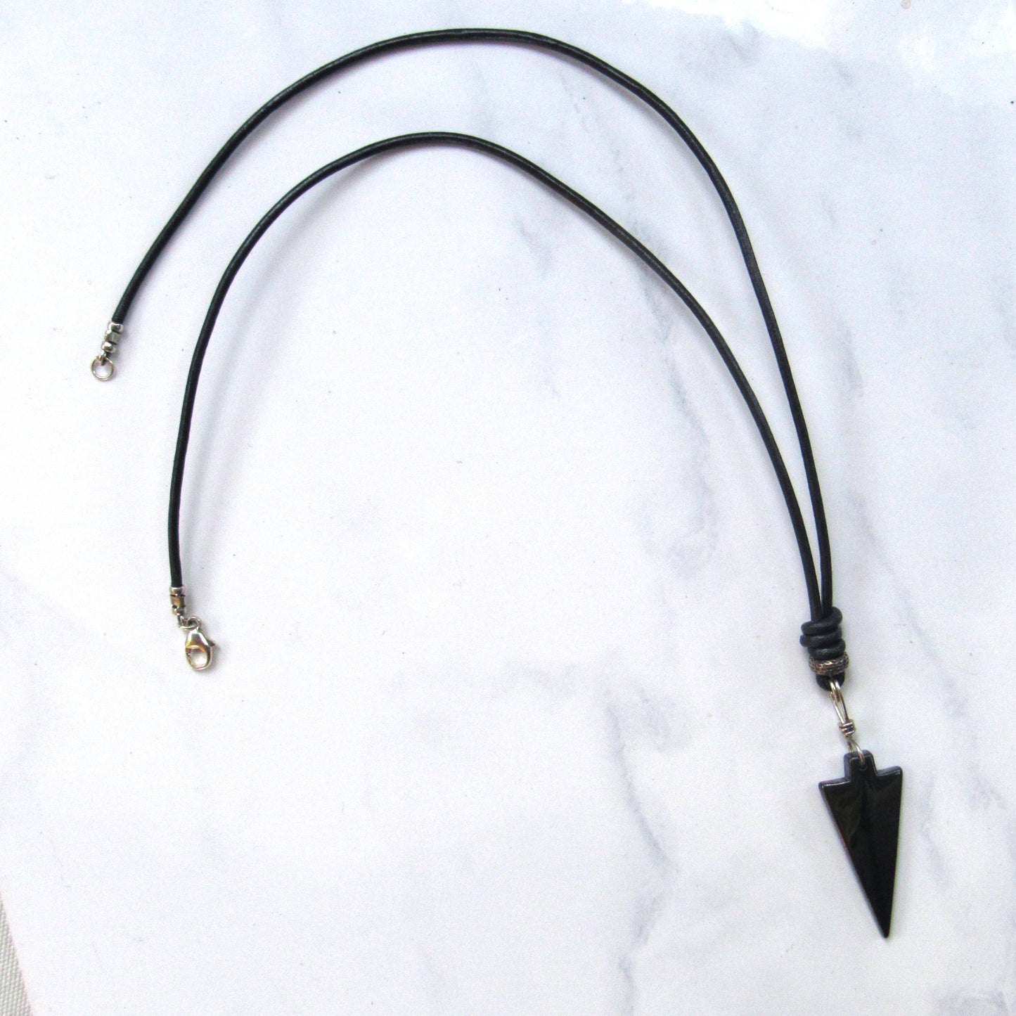 Hematite Arrow Hand Wrapped and Knotted with Sterling Silver on Leather Necklace