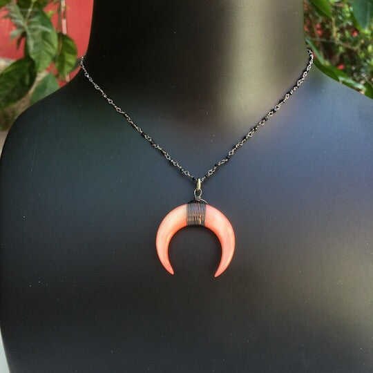 Crescent Shell on oxidized Sterling Silver Spinel wrapped chain