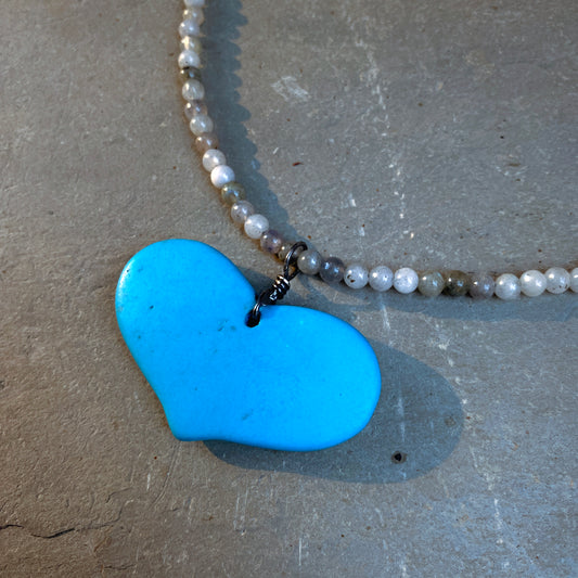 Howlite Heart and White Labradorite Gemstone Necklace