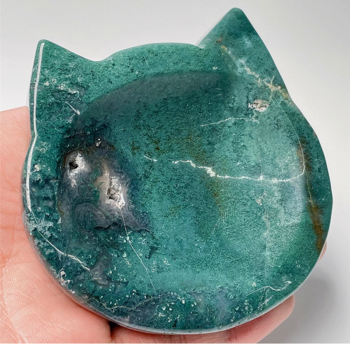 Natural Green Moss Agate Kitty Cat Jewelry Dish