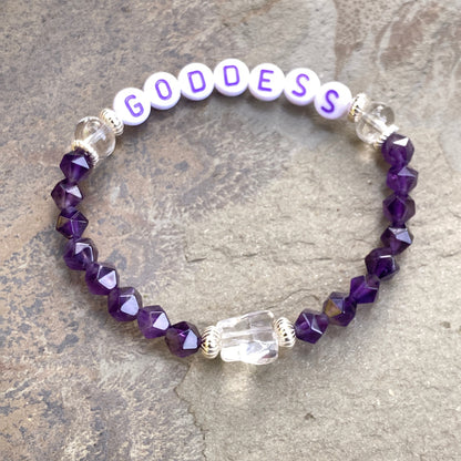 Amethyst gemstone, Clear Quartz, and Sterling Silver “Goddess” Stretch Bracelet