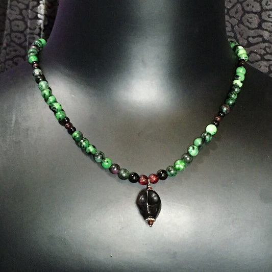 Men’s Ruby Zoisite, Garnet & Onyx Necklace with Howlite skull.