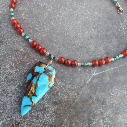 Bornite Gemstone pendant on carnelian, apatite, and hematite Beaded Necklace