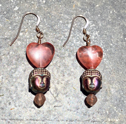 Rainbow Hematite Buddha with rose quartz hearts gemstone Earrings