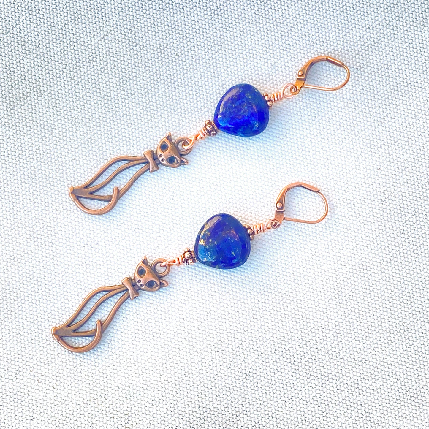 Lapis Lazuli gemstone Hearts and Copper Kitty Cat Drop Earrings