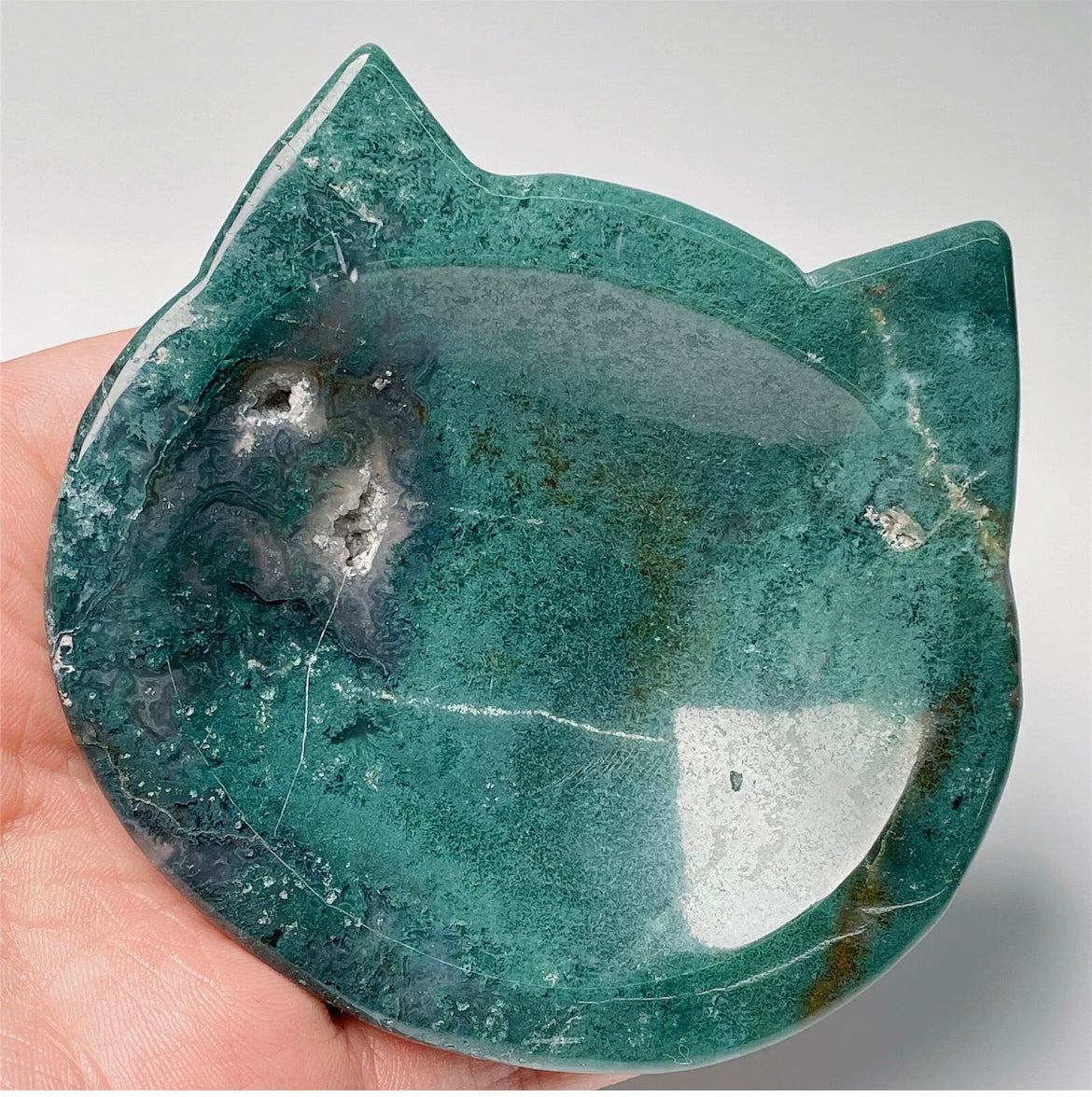 Natural Green Moss Agate Kitty Cat Jewelry Dish