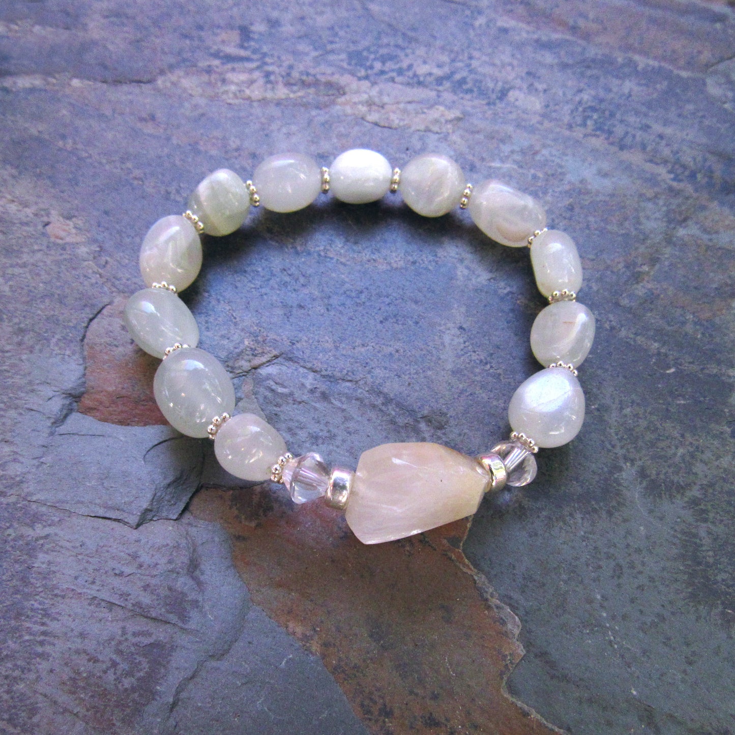 Moonstones, Clear Quartz and Sterling Silver Stretch Bracelet