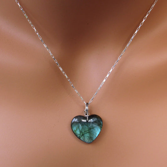 Labradorite Heart Hand Wrapped with Sterling Silver on Sterling Silver Chain