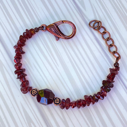 Garnet gemstone and Copper Rose clasp Bracelet