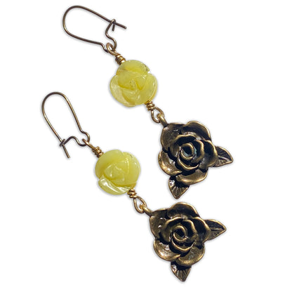 Lemon Jade gemstone and Brass Rose dangle Earrings