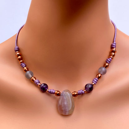 Fluorite Gemstone and copper hand knotted leather necklace