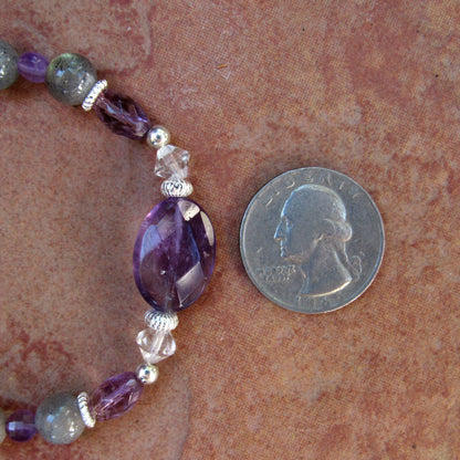 Amethyst Gemstones and Labradorite Heart, Clear Quartz,  Stretch Bracelet w/ Sterling Silver
