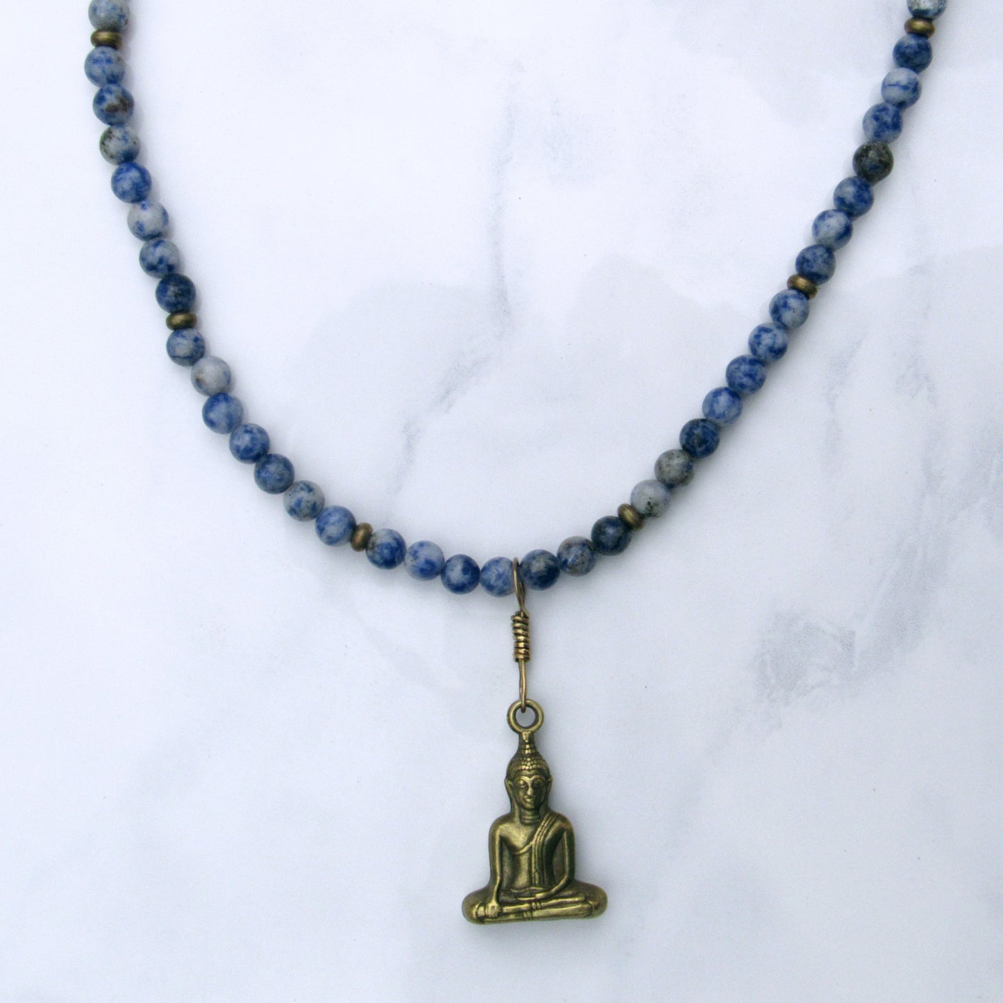 Blue Spot Jasper gemstone and brass Buddha pendant necklace