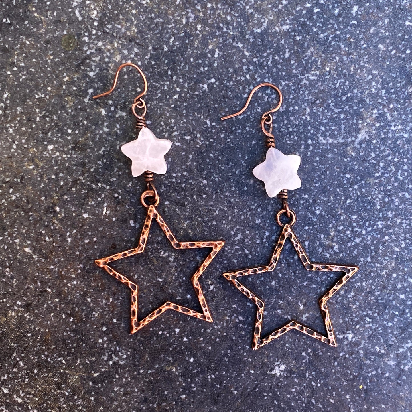 Rose Quartz gemstone Star and Copper Dangle Earrings