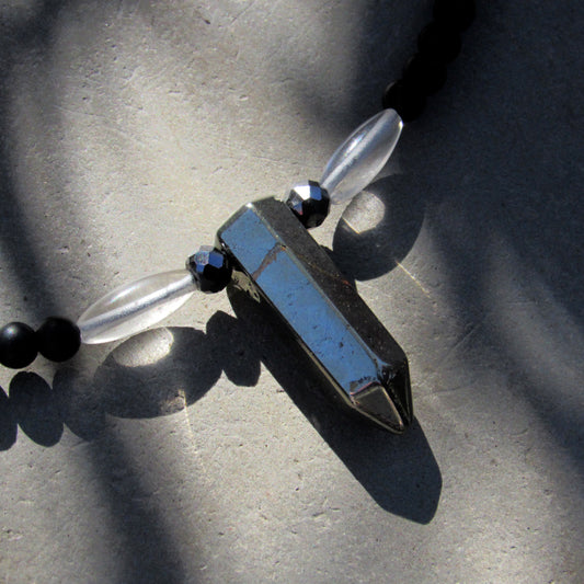 Black Diamonds, Pyrite, Onyx, Clear Quartz w/ Sterling Silver Men’s Necklace