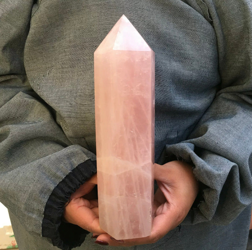 Natural  pink rose quartz gemstone crystal tower point obelisk