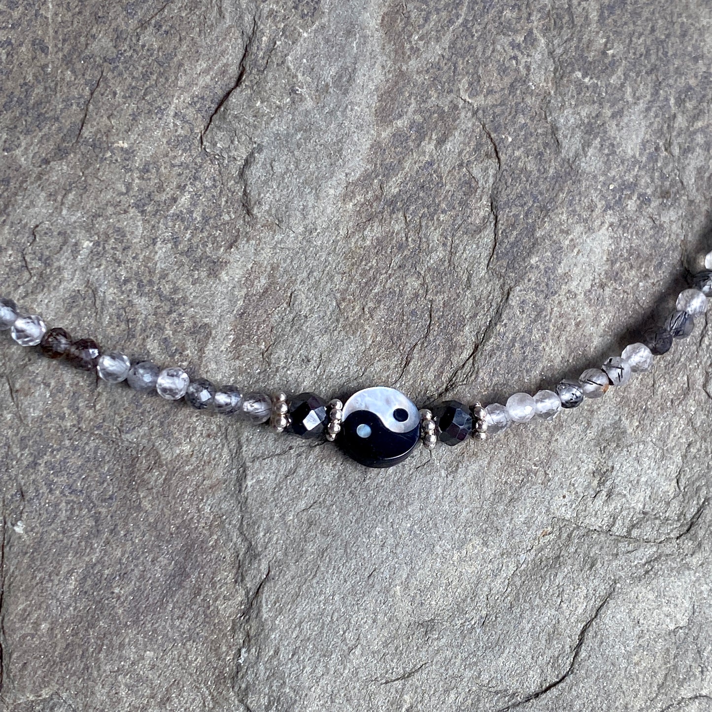 Yin Yang, Black Diamonds, tourmaline Quartz, and Sterling Silver Choker