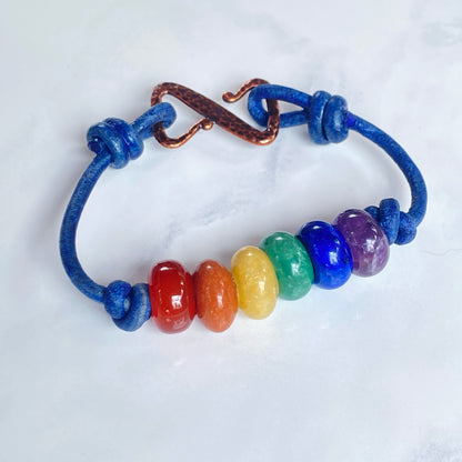 Genuine Leather and Jade gemstone PRIDE colors Bracelet