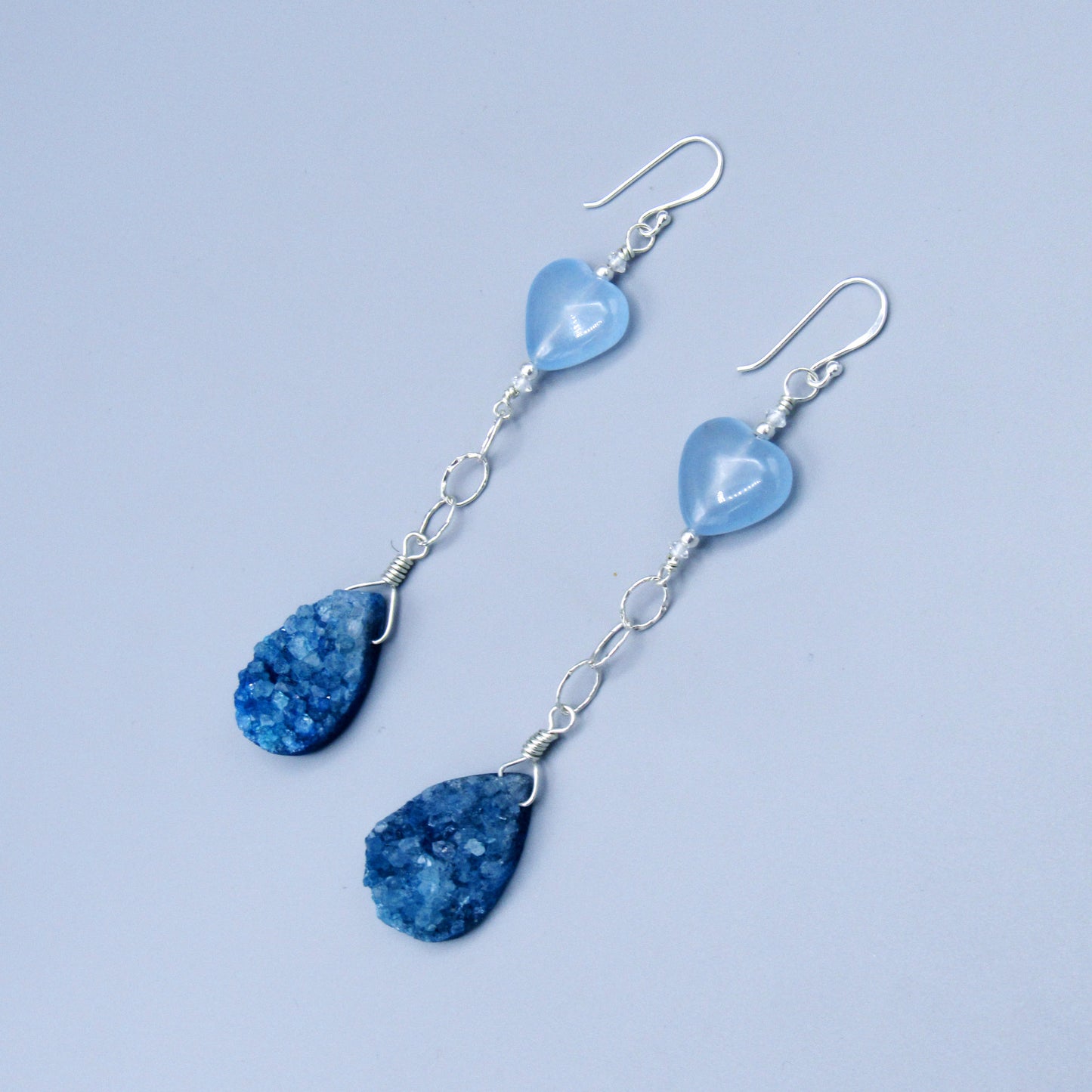 Blue Druzy Gemstone, Blue Jade Hearts, White Topaz, Sterling Silver Drop Earrings