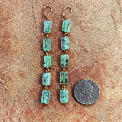 Green Kyanite Gemstone and 14 kt gold filled long drop earrings