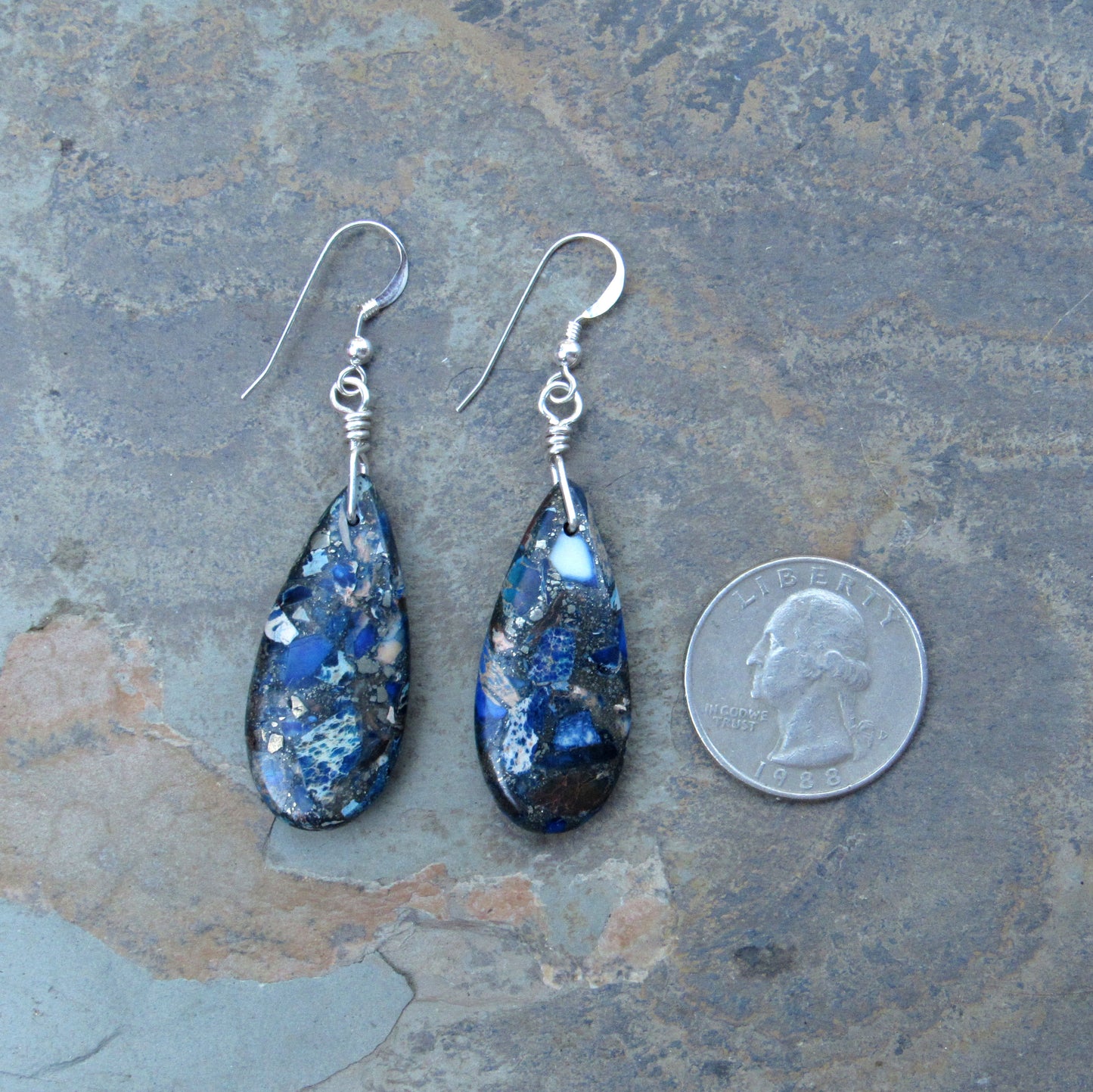 Blue Sea Sediment Jasper Hand Wrapped in Sterling Silver Drop Earrings