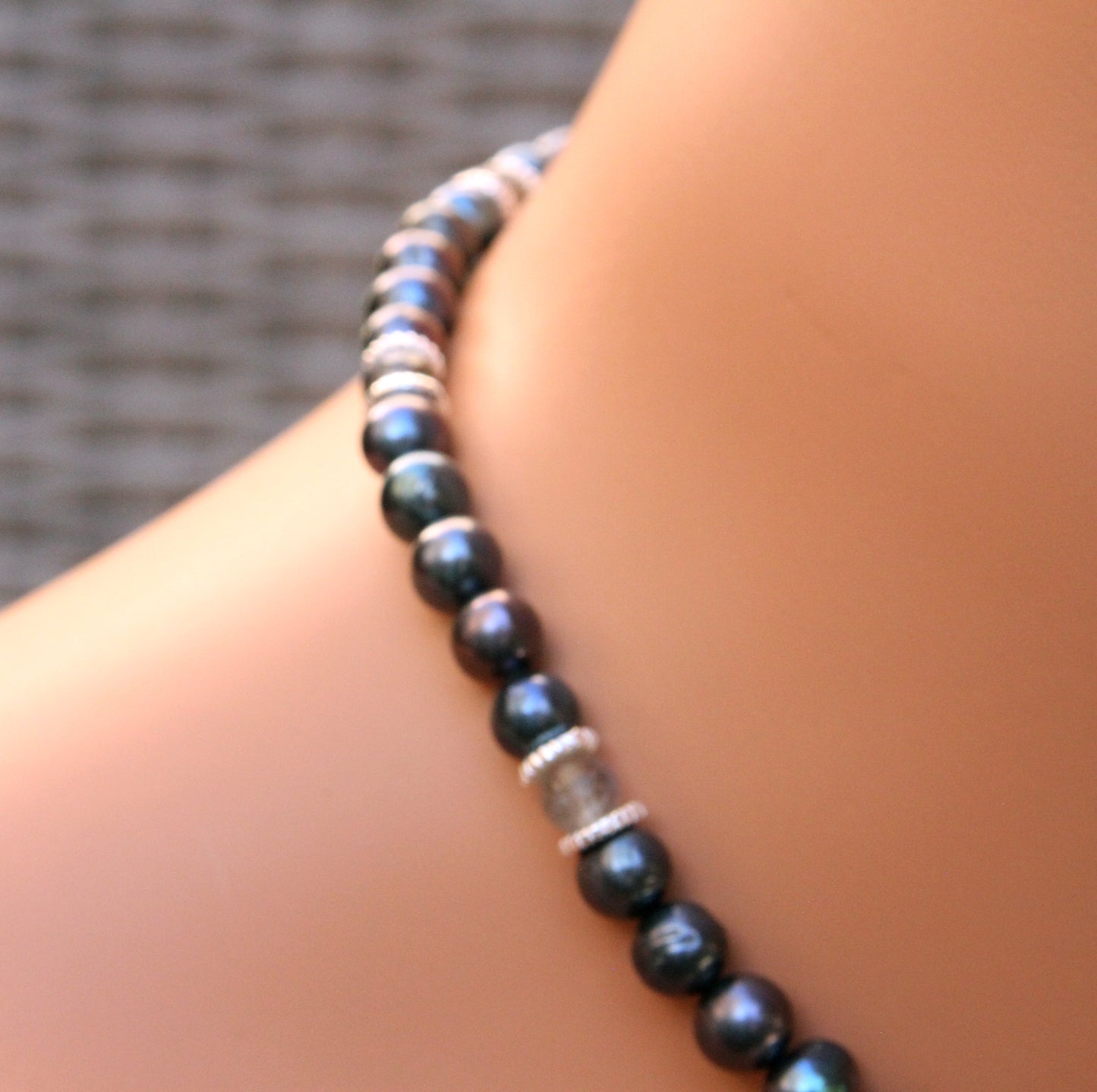 Natural Freshwater Black & Blue Pearls, Labradorite gemstones, and Sterling Silver Choker