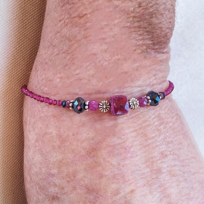 Ruby, Black Spinel, Red Spinel gemstones, and Sterling Silver Bracelet