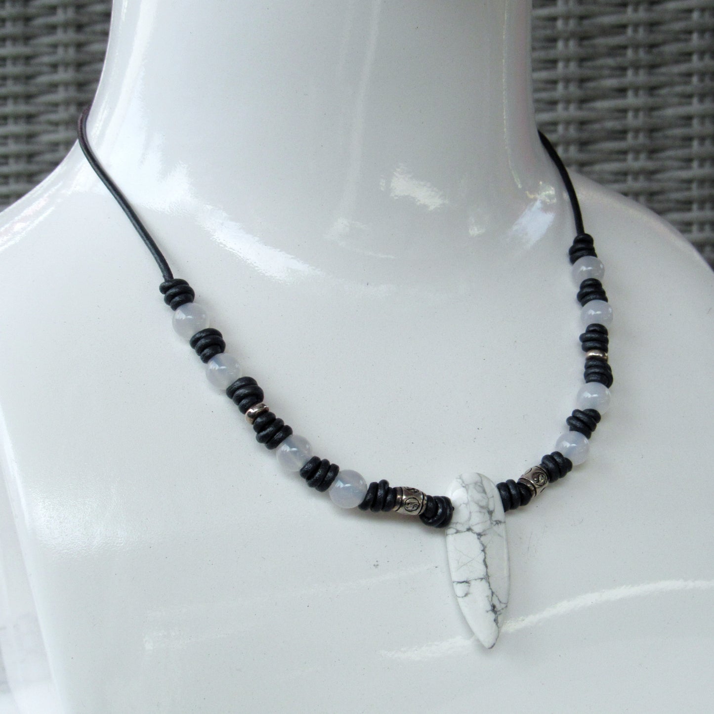 Howlite, White Agate gemstone with Sterling Silver Leather Necklace