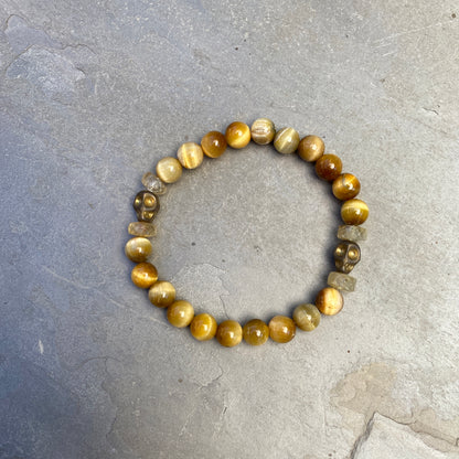 Men’s Tiger Eye, Citrine gemstone, and Hematite Skull Bracelet