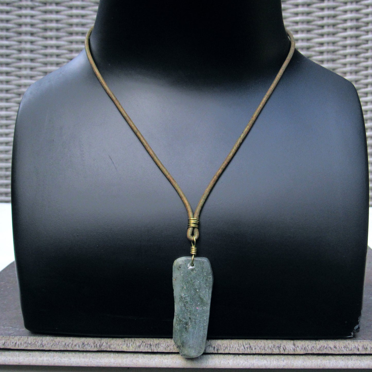 Labradorite gemstone hand wrapped with Brass on leather necklace