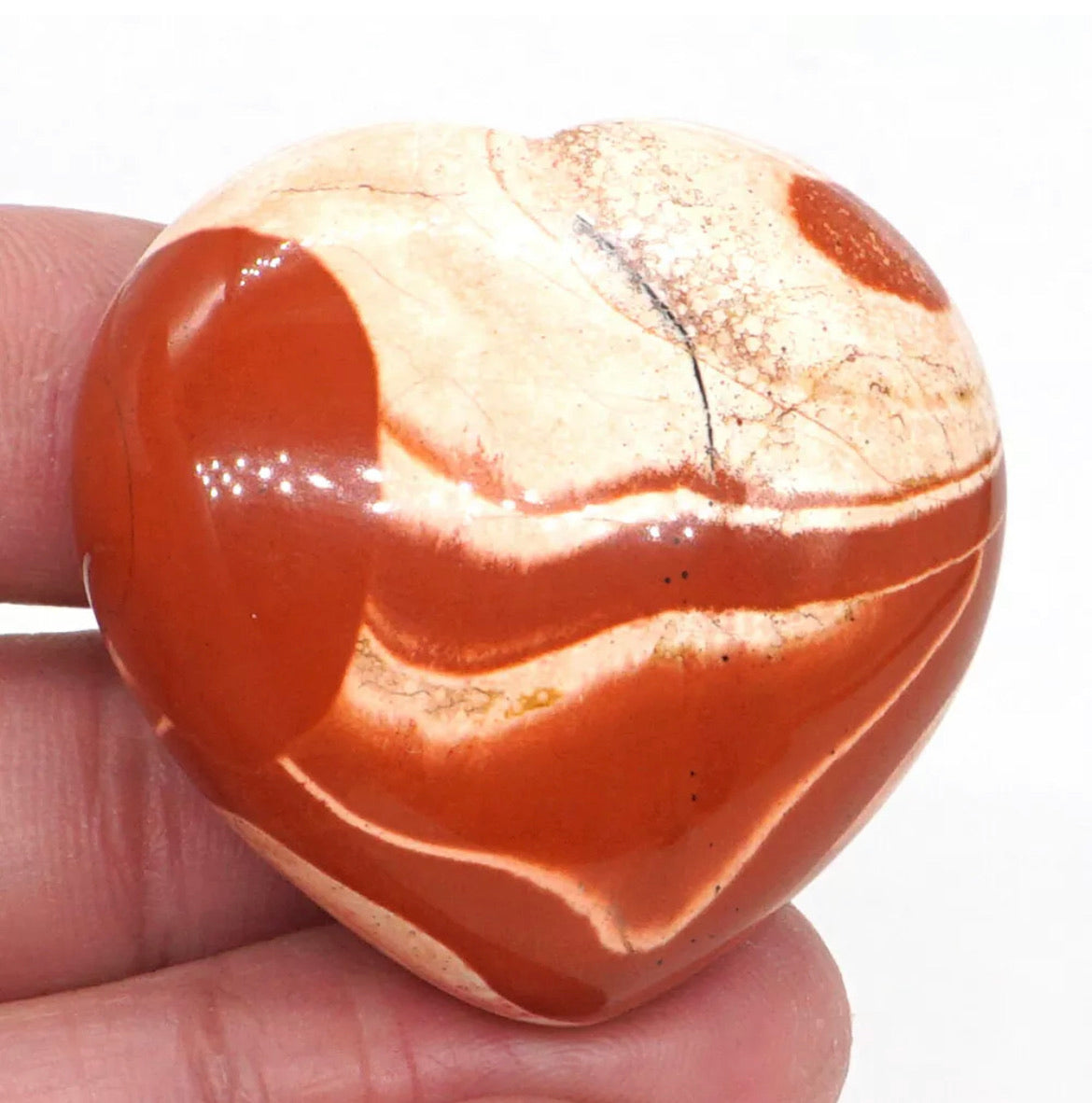 Love Heart Natural Red Flower Jasper Carved Palm Stone Crystal Healing Gift