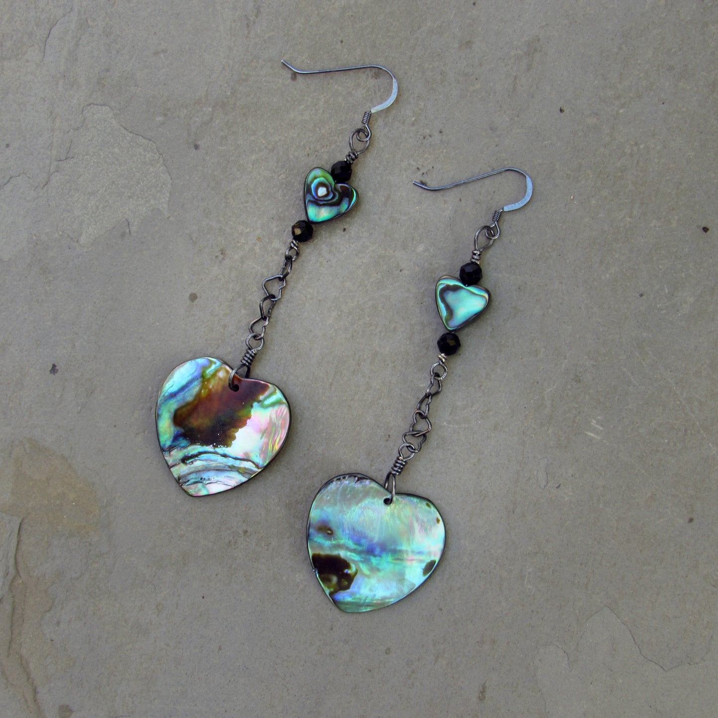 Abalone Hearts, Black Spinel gemstones, and Oxidized Sterling Silver Drop Earrings