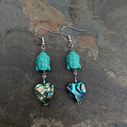 Coral Buddha Heads Abalone Heart sterling silver earrings